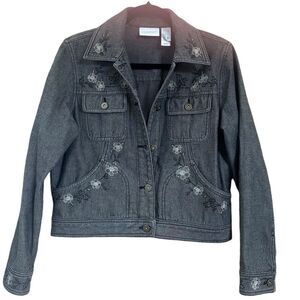 Liz Claiborne BLACK 1990s DISTRESSED EMBROIDERED FLORAL DENIM JACKET, Small